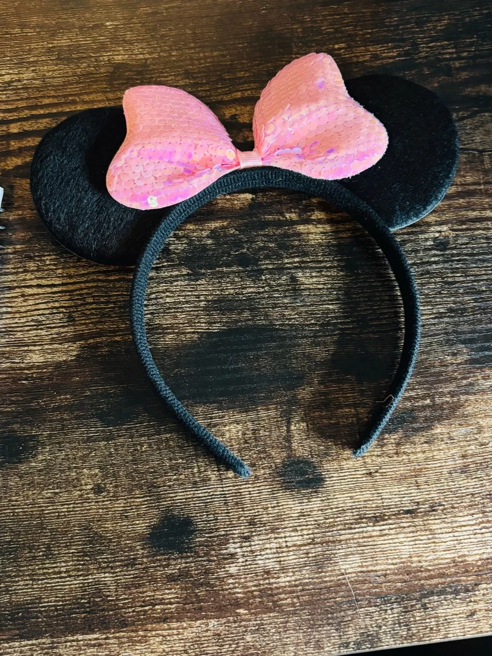 Disney Black Minnie Ear Headband with Pink Sequin Bow